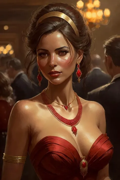 AJAWS, candid shot character concept art of a beautiful [mexican|italian|spanish] woman wearing a red dress and a gold necklace and gold bracelets at a formal party <lora:15_AJAWS:0.5>