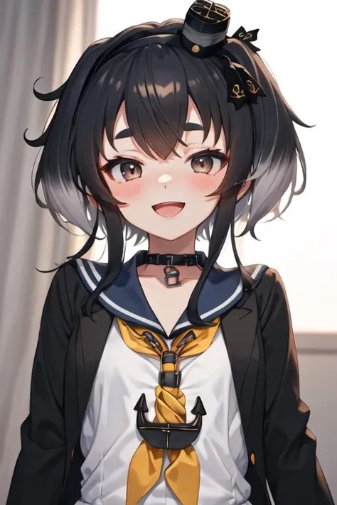 best quality, masterpiece, highres, solo, {tokitsukaze_kantaicollection:1.15}, black_hair, short_hair_with_long_locks, hat, mini_hat, multicolored_hair, short_hair, gradient_hair, brown_eyes, smile, blush, sidelocks, open_mouth, hairband, anchor, 1girl, school_uniform, serafuku, looking_at_viewer, sailor_collar, upper_body, chain, neckerchief