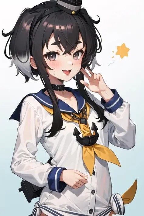 best quality, masterpiece, highres, solo, {tokitsukaze_kantaicollection:1.15}, black_hair, short_hair_with_long_locks, hat, mini_hat, multicolored_hair, short_hair, gradient_hair, brown_eyes, smile, blush, sidelocks, open_mouth, hairband, anchor, 1girl, crossover, grey_hair, pokemon_\(creature\), simple_background, tongue, bangs, bound, anchor_symbol, sweat, forked_tongue, white_background, blue_sailor_collar, hair_between_eyes, sailor_collar