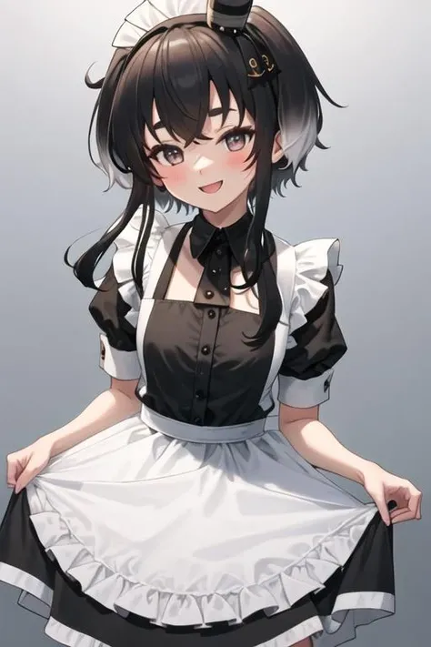 best quality, masterpiece, highres, solo, {maid:1.40}, {long maid dress:1.15}, {tokitsukaze_kantaicollection:1.15}, black_hair, short_hair_with_long_locks, hat, mini_hat, multicolored_hair, short_hair, gradient_hair, brown_eyes, smile, blush, sidelocks, open_mouth, hairband, anchor