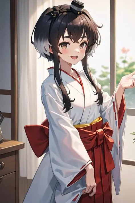 best quality, masterpiece, highres, solo, {white kimono:1.35}, {red hakama:1.35}, {wide sleeves:1.20}, {tokitsukaze_kantaicollection:1.15}, black_hair, short_hair_with_long_locks, hat, mini_hat, multicolored_hair, short_hair, gradient_hair, brown_eyes, smile, blush, sidelocks, open_mouth, hairband, anchor