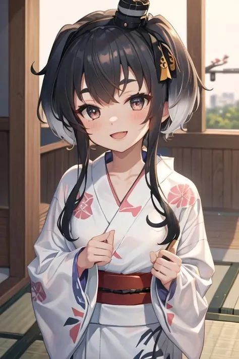 best quality, masterpiece, highres, solo, {yukata:1.40}, {kimono:1.20}, {tokitsukaze_kantaicollection:1.15}, black_hair, short_hair_with_long_locks, hat, mini_hat, multicolored_hair, short_hair, gradient_hair, brown_eyes, smile, blush, sidelocks, open_mouth, hairband, anchor