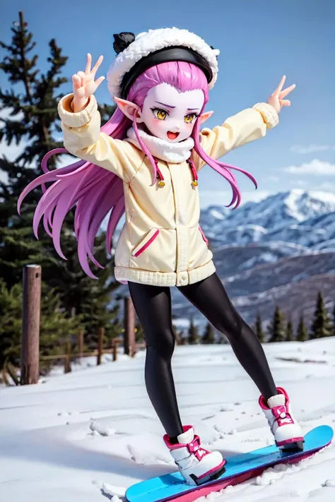 cocotte, 1girl, AS-YoungestV2, solo,(purple skin),mountain, winter, snow,(on a snowboard),full body, pointy ears,long hair, yellow eyes, purple hair,hair slicked back, black leggings, purple lips, legs apart, happy, open mouth,  winter coat, scarf, woollen cap, tree, (best quality,masterpiece )  <lora:cocotte_v1:1>