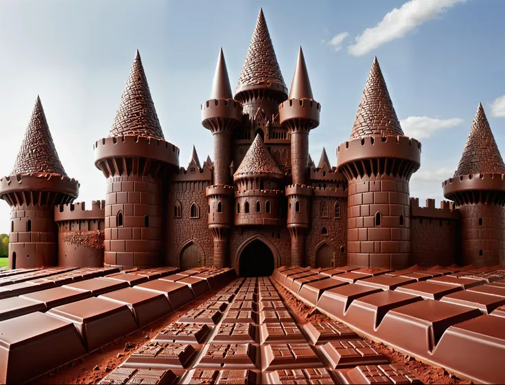 photograph, photo, 200 megapixel digital photo, huge chocolate castle with a moat, the road to the castle is paved with chocolate bars, the castle is made of multiple types of chocolate, the moat is filled with molten chocolate, landscape made of chocolate, chocolate trees and chocolate grass, Chocolateray, HDR, wide color gamut, 12bit color, <lora:ChocolateRay:1.5>
