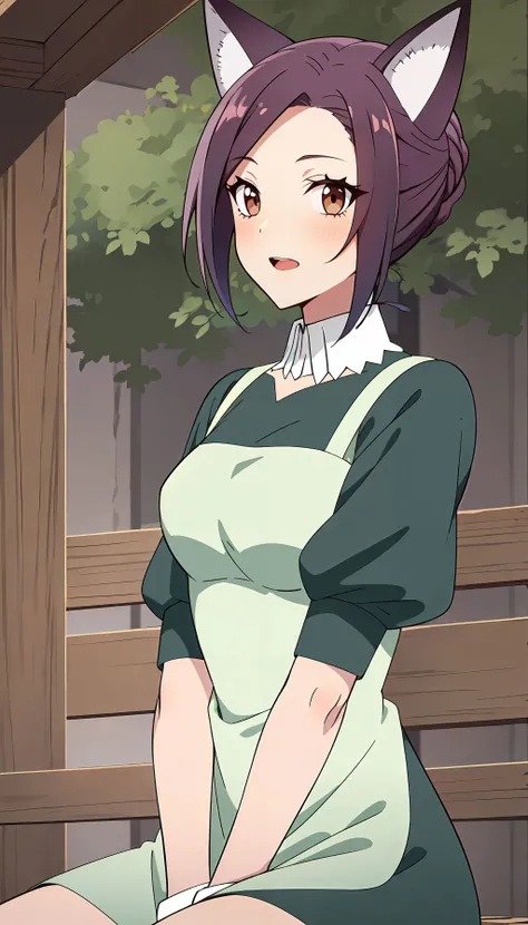 photorealistic, octane render, sharp focus, (8k), (4k), (Masterpiece), (realistic skin texture), extremely detailed, intricate, hyper detailed, soft lighting, high resolution, sharp detail, (best quality, hires, high resolution), extremely detailed, highres, 1girl, green dress, apron, brown hair, brown eyes, cat ears, white hat, <lora:Innkeeper_VRMMO:0.7> , dynamic pose, posing,  <lora:improve_backgrounds:0.8> ,  (sitting on a bench), (forest),