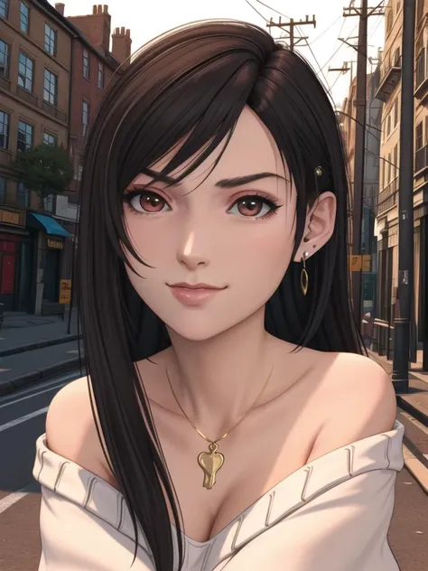 ((masterpiece:, best quality)),in the street,(Tifa Lockhart),Lovely face,
Off Shoulder Sweater,bracelet,ear pendants,girlfriend