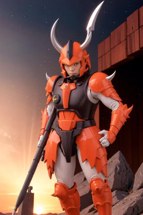 Cartoon. Background is a back alley late at night in Japan. Full body shot. Looking up from below. Japanese red devil, wearing red armor, legs open, squatting, back view of Japanese heroine.