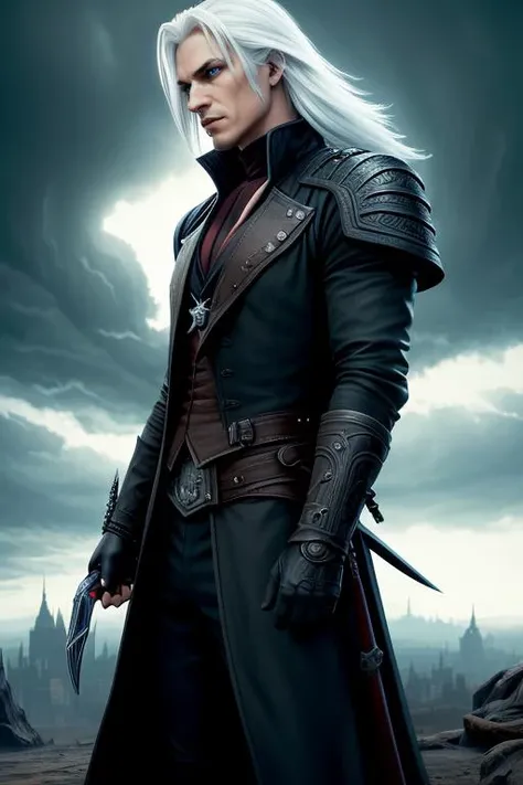 award winning, photorealistic, masterpiece, close up, character portrait, facing viewer, 1man, a man, (orange eyes),(glowing eyes),long white hair,(Red Vintage Tailcoat Jacket Gothic Victorian Frock Coat), (black ascot), (black extreme Big Brim curved down / Round Crown male hat), (elf ears), ,,,, drizzt do'urden, thancred, sephiroth from final fantasy, albino mystic, sephiroth, male human as geralt of rivia, geralt of rivia, BREAK, learned_embeds, 'dreamlike diffuse ethereal lighting', 'bokeh, shallow depth of field, background blur', matte background, 'double exposure, award-winning photograph', 'from Blade Runner 2049', 'urban street photography', 'dark, ominous, haunting, foreboding, gloomy, stormy, sinister, shadowy, harrowing', photo realistic skin