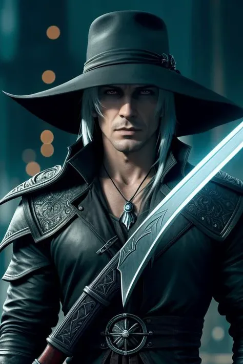 award winning, photorealistic, masterpiece, close up, character portrait, facing viewer, 1man, a man, (orange eyes),(glowing eyes),long white hair,(Red Vintage Tailcoat Jacket Gothic Victorian Frock Coat), (black ascot), (black extreme Big Brim curved down / Round Crown male hat), (elf ears), ,,,, drizzt do'urden, thancred, sephiroth from final fantasy, albino mystic, sephiroth, male human as geralt of rivia, geralt of rivia, BREAK, learned_embeds, 'dreamlike diffuse ethereal lighting', 'bokeh, shallow depth of field, background blur', matte background, 'double exposure, award-winning photograph', 'from Blade Runner 2049', 'urban street photography', 'dark, ominous, haunting, foreboding, gloomy, stormy, sinister, shadowy, harrowing', photo realistic skin