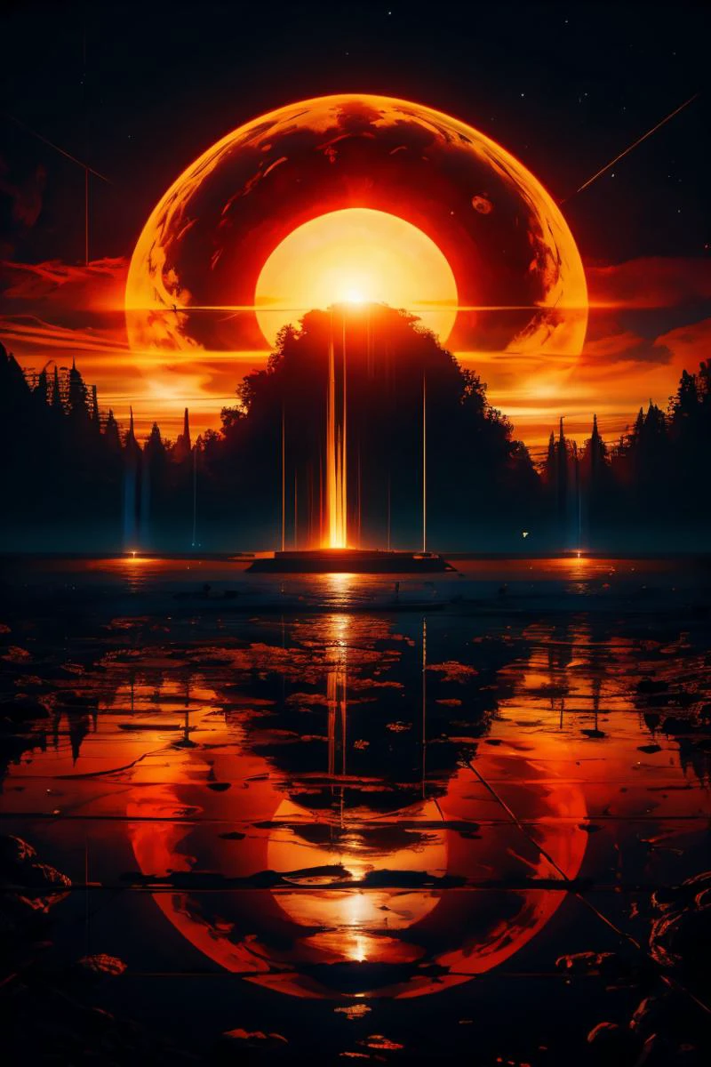 Paining, space station silhouette passing in front of a giant sun, close up of the sun, sun covering the entire image, bright, light, colors of neon pink, neon yellow, neon, blue, neon purple, intense light <lora:EdobHorrorLandscape_v1.0:0.75> EdobHorrorLandscape <lora:epiCRealLife:0.75>, subsurface scattering, ultra hd, 4k, high def, Photorealistic, Hyperrealistic, Hyper detailed, analog style, realistic, masterpiece, best quality, ultra realistic, 8k, Intricate, High Detail, film photography, soft lighting, heavy shadow