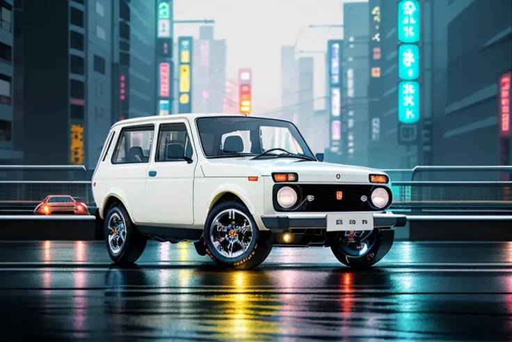 STANCE, masterpiece,best quality,official art,extremely detailed CG unity 8k wallpaper,illustration, light,car, bright, motor vehicle, ground vehicle, sports car, vehicle focus, road, ((need for speed)), moving, wet, (night, midnight:1.5), cyberpunk, tokyo,neon lights,drift, <lora:VAZ2121:0.8>, (VAZ2121)