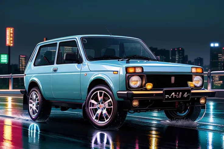 masterpiece,best quality,official art,extremely detailed CG unity 8k wallpaper,illustration, light,car, bright, motor vehicle, ground vehicle, sports car, vehicle focus, road, need for speed, moving, wet, (night, midnight:1.5), cyberpunk, tokyo,neon lights,drift, <lora:VAZ2121:0.8>, VAZ2121