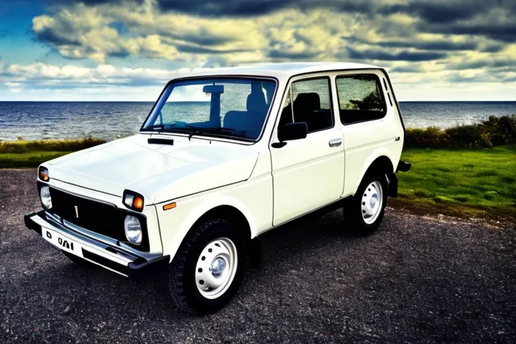 absurdres, ((masterpiece, best quality)),extremely_detailed_wallpaper, illustration, car, bright ,shinny ,shinny sky, ((beautiful detailed sky)) ,(((seaside))),blue water,sunny,sun,morning, cloudy sky, sky,outdoors ,light, cloud, ((backlight)) ,light,sports car,vehicle focus, <lora:VAZ2121:0.8>, VAZ2121