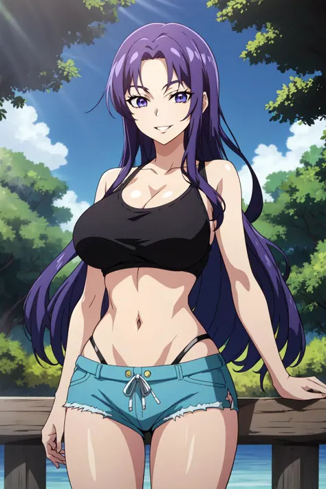 2d anime, woman, midnight from my hero academia, beach, black hair, eyeglasses, smiling, bikini, cleavage, stomach, legs, sexy, perfect body, fair skin, highres, masterpiece, best quality, ultra detailed, naked, nude, nipples, pussy, bare breasts, sex
