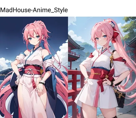 (Masterpiece),high quality,best quality,clean,highly detailed,madhouse-Animestyle,<lora:MadHouse-Anime_Style:0.8>,1girl,solo,long hair,looking at viewer,blue eyes,hair ornament,closed mouth,ponytail,pink hair,short sleeves,japanese clothes,fingerless gloves,hands on hips,sash,over shoulder,