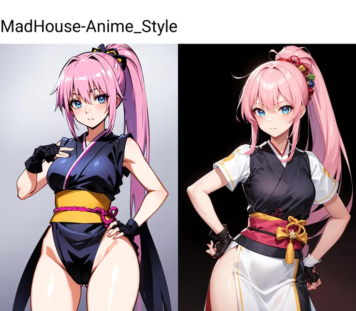 (Masterpiece), high quality, best quality, clean, highly detailed, madhouse-Animestyle, <lora:MadHouse-Anime_Style:1.5>, 1girl, solo, long hair, looking at viewer, blue eyes, hair ornament, gloves, holding, closed mouth, ponytail, pink hair, short sleeves, japanese clothes, black gloves, fingerless gloves, hand on hip, sash, over shoulder