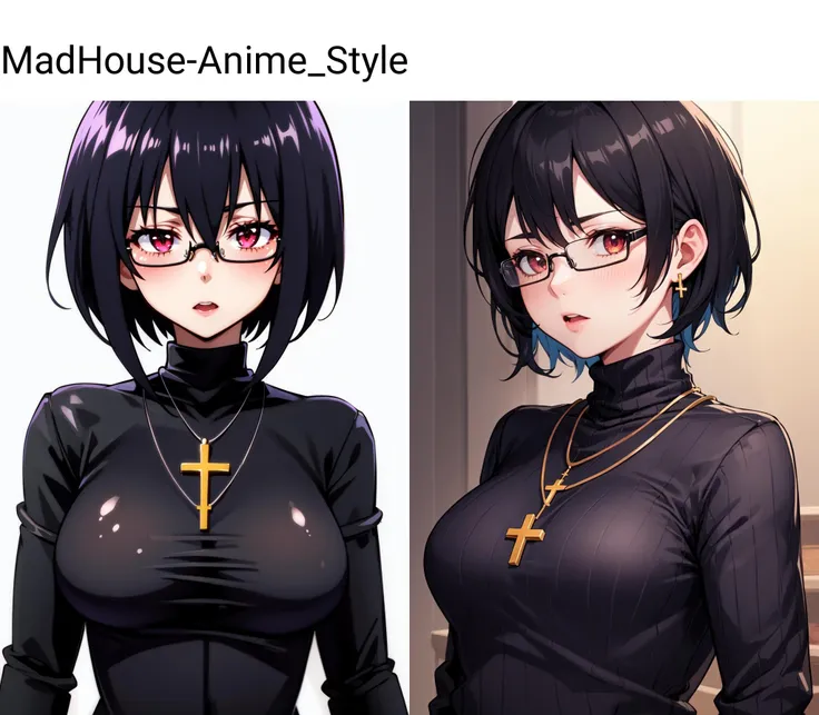(Masterpiece), high quality, best quality, clean, highly detailed, madhouse-Animestyle, <lora:MadHouse-Anime_Style:1.5>, 1girl, solo, short hair, black hair, breasts, jewelry, upper body, glasses, necklace, sweater, turtleneck, cross necklace