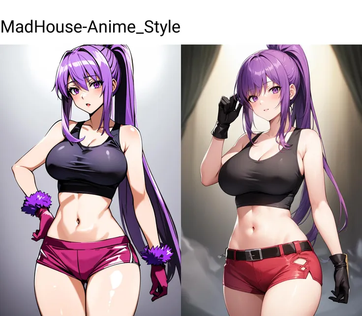 (Masterpiece), high quality, best quality, clean, highly detailed, madhouse-Animestyle, <lora:MadHouse-Anime_Style:1.5>, 1girl, solo, cowboy shot, long hair, large breasts, purple hair, gloves, ponytail, crop top, tank top