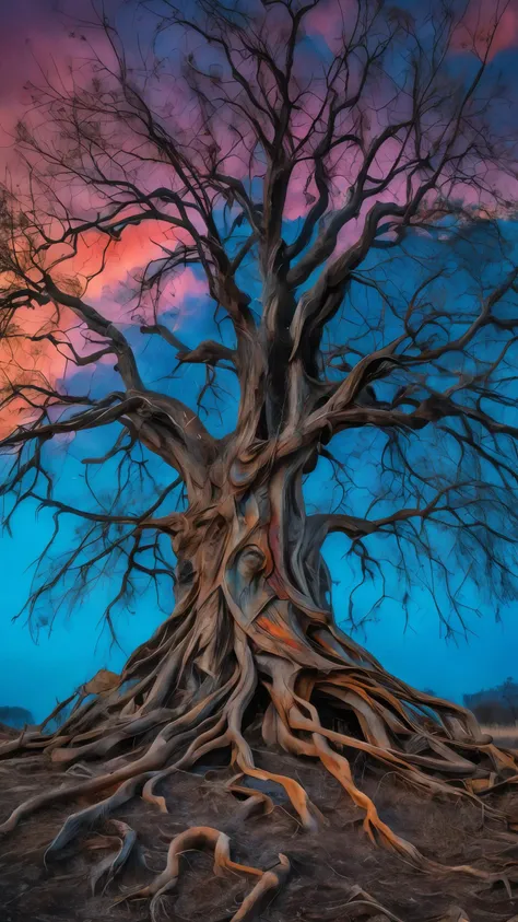 A very large dead tree with standing tall with drawft branches, covering the whole canvas on the tree branches, a very detailed various different kind of many human faces hidden all over, is mesmerizing, colorful atmosphere behind the tree, a glowing sky blue Ash, on the ground, some dead plants on the tree, branches, and all over the tree, thousands of different human faces all over the tree peoples head in details beautiful art