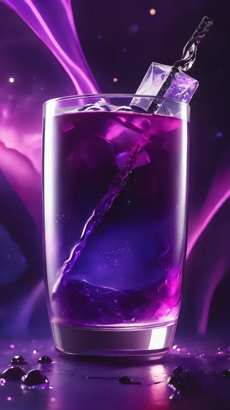 vibrant glowing purple drink, in the style of a product hero shot in motion, dynamic magazine ad image, photorealism, sleep and mystical elements around the background