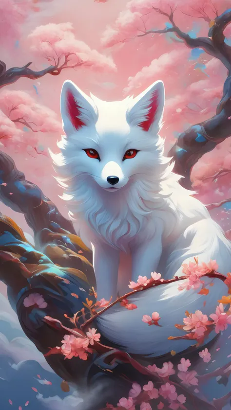 james jean, floating white fox figure made of sakura cherry blossom leaf, smoke, in the sky, colorful and vibrant, mystical colors, contemporary impressionism, yanjun cheng portrait painting, iridescent painting, 3/4 perspective view, cute face, low angle, sweeping circling composition, large beautiful crystal eyes, big irises, UHD, HDR, 8K, (Masterpiece:1. 5), (the most beautiful portrait in the world:1.5)