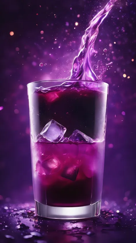 vibrant glowing purple drink, in the style of a product hero shot in motion, dynamic magazine ad image, photorealism, sleep and mystical elements around the background