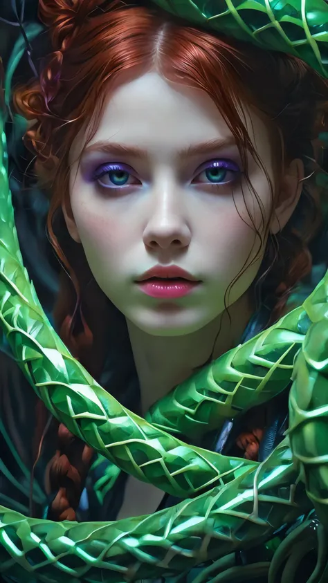 goth girl, photo of cute 24 years old Italian redhead woman, cinematic shot, photorealistic, cute face, looking at viewer, photography, raw photo, dark fantasy creature, Yoji Shinkawa, James Christensen, Wayne Barlowe, Ian McQue, Roger Dean, hyper detailed, poster, artstation, Super high definition, reflective pools, HDR, (Dark vaporwave color palette), glowing archway, huge twisting vines, aerial view of rolling hills in bizarre alien landscape, monolith, megaliths with eyes, vaporwave tiled (liminal space), iris, vaporwave aesthetic, purple and green neon lights, volumetric light, bright colors reflect, isometric, digital art, octane render, by greg rutkowski, (glitched effect), by Frederik Vermehren