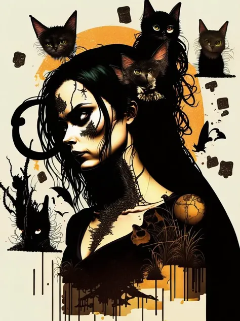 <lora:DaveMcKean:1>a double exposure shot, front profile of a goth witch woman with long hair and eyes closed [filled with images of bones, cats, bats, skull, keys, roots, text, thorns, spider, text, data], center compositions with margins, spirals, black magic, dark, no watermarks, grange, Dave Mckean style, distressed, rustic, colorful, high contrast, character design,