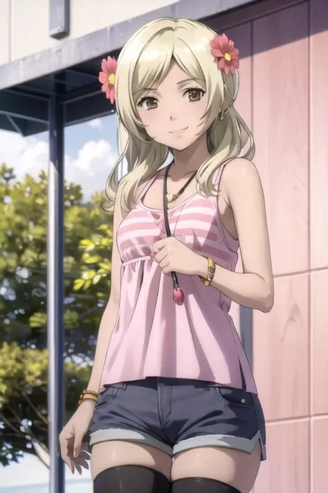 (((picture perfect))), (absurdres), 1girl, solo, <lora:hayashi:0.8>, hayashi, hair flower, shorts, thighhighs, pink tank top, casual, jewelry, looking at viewer, v, smile