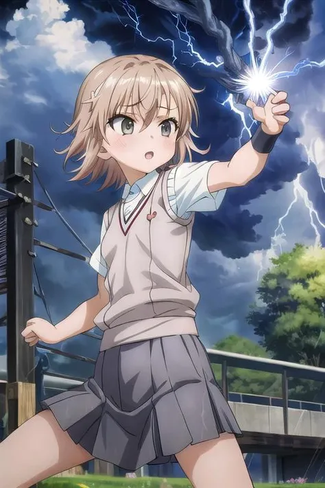 masterpiece, best quality,<lora:GoodHands-vanilla:0.8> <lora:anmnr01:0.3> <lora:add_detail:0.5>, <lora:misaka_mikoto_multimerge:0.7>, misaka mikoto,small breasts,flower hairpin ,gray knitted vest,1girl ,short hair , studing , park , roar , dynamic pose , straight punch , outdoor , lightning , thunderbolt , thunder , electric shock
