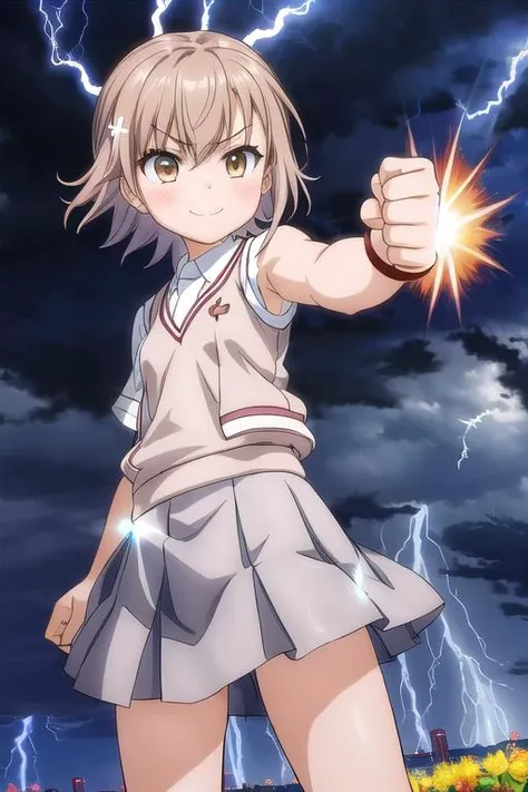 masterpiece, best quality,ultra detail,<lora:GoodHands-vanilla:0.8> <lora:anmnr01:0.3> <lora:add_detail:0.5>, <lora:misaka_mikoto_multimerge:0.7>, misaka mikoto,small breasts,flower hairpin ,brown knitted vest,gray pleats skirt,1girl ,short hair , highway , thumbs up for viewer,smirk , outdoor , lightning from fist , thunderbolt from fist, thunder , electric shock from fist,sparking fist,strong wind