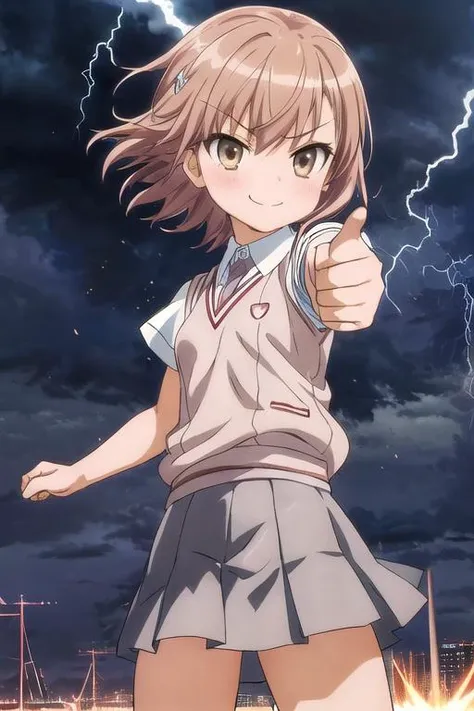 masterpiece, best quality,ultra detail,<lora:GoodHands-vanilla:0.8> <lora:anmnr01:0.3> <lora:add_detail:0.5>, <lora:misaka_mikoto_multimerge:0.7>, misaka mikoto,small breasts,flower hairpin ,brown knitted vest,gray pleats skirt,1girl ,short hair , highway , thumbs up for viewer,smirk , outdoor , lightning from fist , thunderbolt from fist, thunder , electric shock from fist,sparking fist,strong wind
