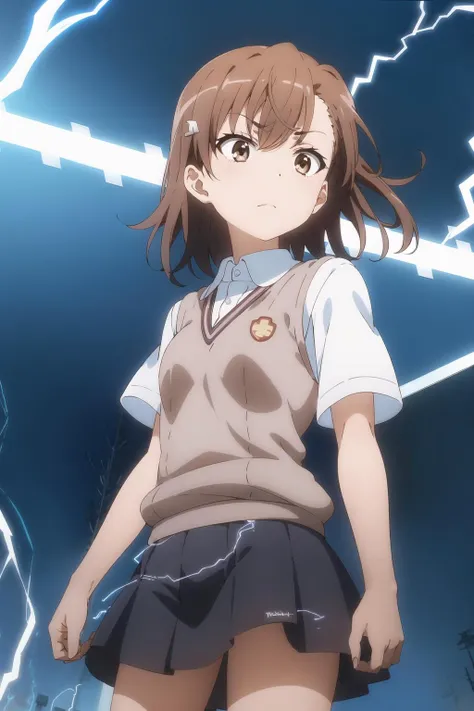 misaka_mikoto, electricity, school_uniform, 1girl, tokiwadai_school_uniform, electrokinesis, psychic, lightning