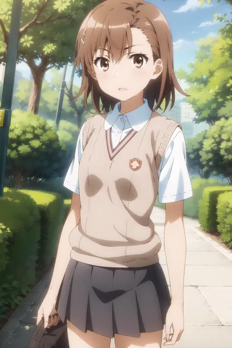 misaka_mikoto, 1girl, solo, school_uniform, tokiwadai_school_uniform, sweater_vest, skirt, brown_sweater_vest