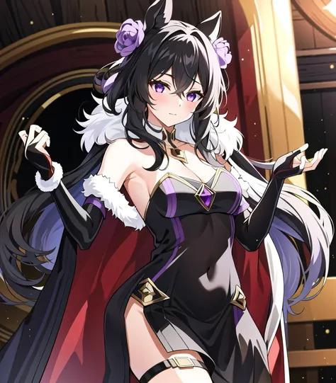 masterpiece, best quality, 1girl, <lora:elsaGranhiertReZero_v10:0.6>, cloak, fur-trim, navel, two-sided fabric, black dress, purple_eyes, long_hair, bridal_gauntlets