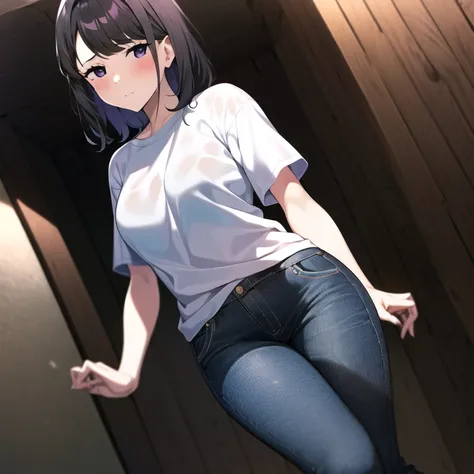<lora:ElsaGranhiert:1>, ElsaGranhiert, 1girl, black hair, solo, purple_eyes, white t-shirt, pants, casual
