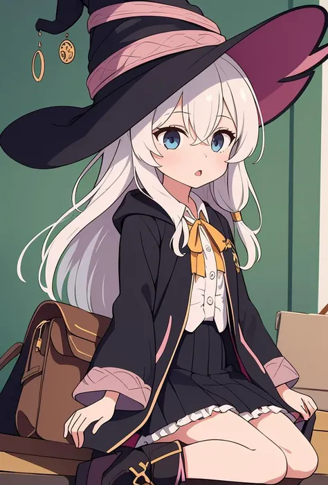 (masterpiece, best quality), 1girl,   <lora:elaina:0.8> elaina, 1girl, solo, long hair, blue eyes, skirt, shirt, long sleeves, hat, bow, ribbon, hair between eyes, white shirt, white hair, boots, frills, wide sleeves, black skirt, bag, black footwear, black headwear, witch hat, frilled skirt, robe, yellow ribbon, witch, brown bag, black robe, open robe, pointy footwear,