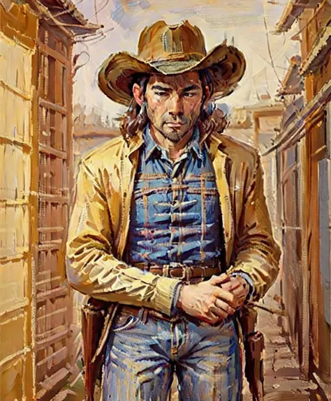 masterpiece,best quality,Western cowboy,outdoors,brushwork,lkfengjing,<lora:lkfengjingV1:0.8>,