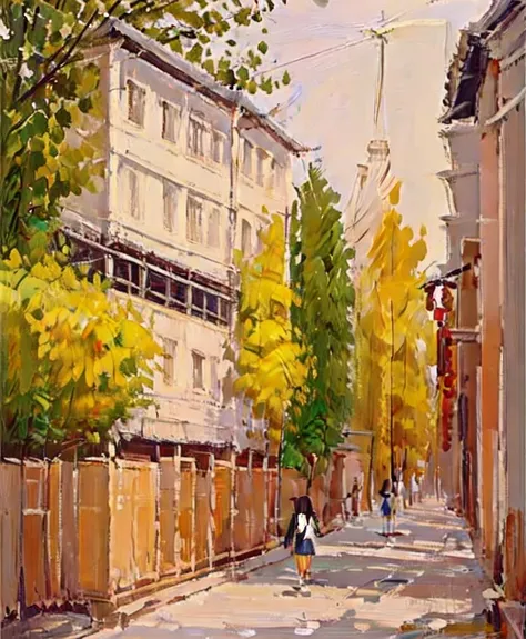 masterpiece,best quality,The girl is walking her dog,outdoors,brushwork,lkfengjing,<lora:lkfengjingV1:0.8>,