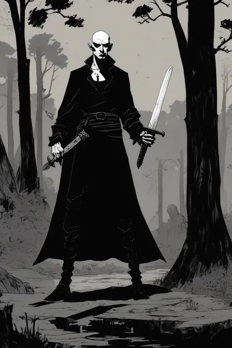 <lora:Mike Mignola Style:1>Mike Mignola Style - hairless vampire post apo wanderer, two-handing the sword of st. wenceslav, in black attire, forest background, black and white, simple comic style of mike mignola