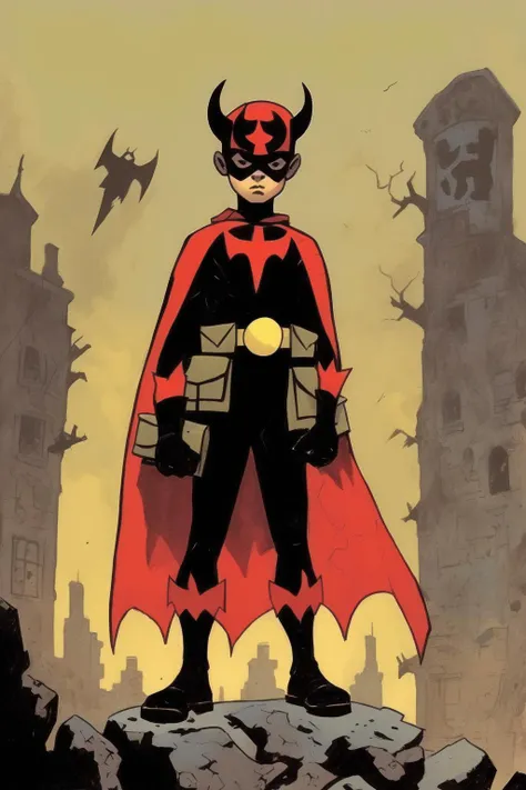 <lora:Mike Mignola Style:1>Mike Mignola Style - pre-teen superhero wearing a devil costume during World War Two x Mike Mignola