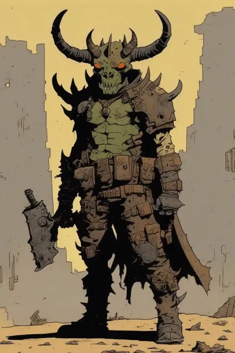 <lora:Mike Mignola Style:1>Mike Mignola Style - horned demon in post apocalyptic armor with no helmet drawn in the style of comic artist mike mignola