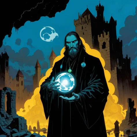 (wide shot), <lora:Mike Mignola Style:1> Mike Mignola Style page, rasputin, black robes, holding a glowing sphere, __castle ruins__,  night, thunder, <lora:add-detail-xl:1.5>, cinematic, colored,