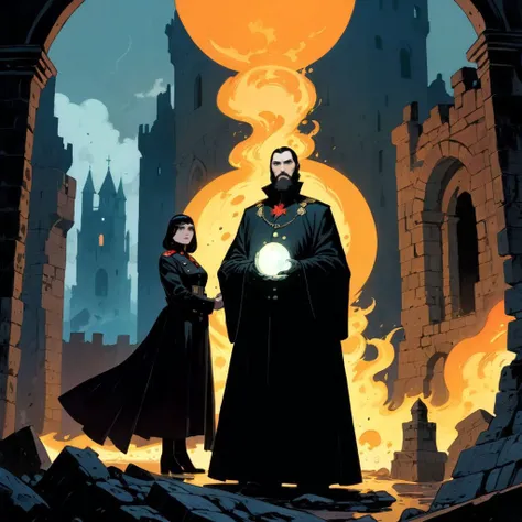 (wide shot), <lora:Mike Mignola Style:1> Mike Mignola Style page, rasputin, black robes, fire eyes, holding a glowing sphere, standing next to a voluptuous german female officer in black military uniform, __castle ruins__,  night, thunder, <lora:add-detail-xl:1.5>, cinematic, colored,