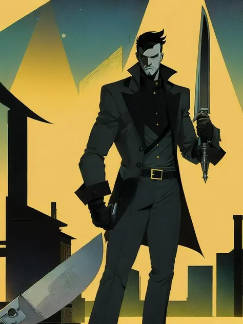 <lora:MikeMignola:1>an illustration of a man with a large knife in his hand and a building in the background by Mike Mignola