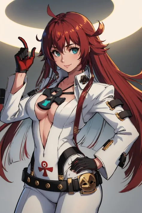 (masterpiece, best quality:1.2), solo, 1girl, strivejacko, smile, looking at viewer, hand on hip, compass rose halo, white bodysuit, gloves, belt, ankh <lora:guiltygear_strive_jackovalentine:1.0>