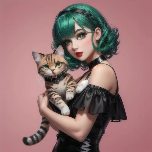 best quality, 1girl, Emerald Green hair, curls, (plum eyes), red lips, wearing a dress, elegant, (with a cute Black-Footed Cat), <lora:hairdetailer:.5> <lora:add_detail:0.5> <lora:boldline:0.2>