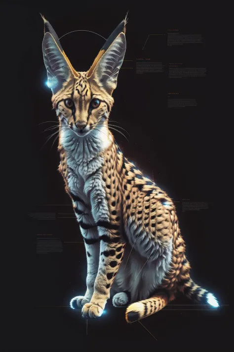 a bioluminescent Serval, black background, J_diagram <lora:J_diagram:0.8>