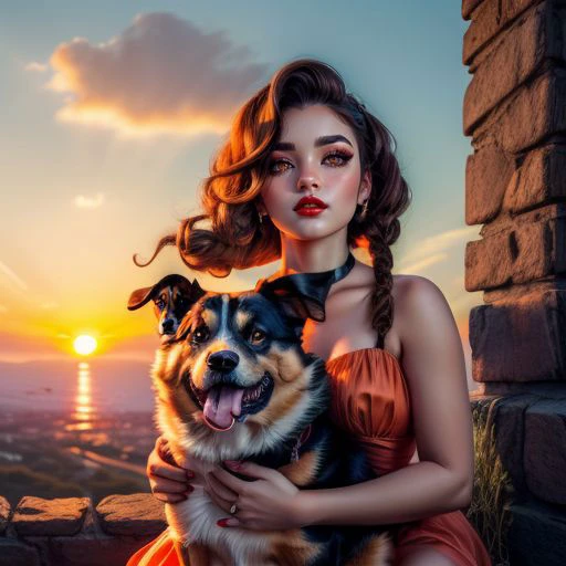 best quality, (1girl, Brown hair, cornrows, (sunset orange eyes), red lips, wearing a dress), elegant, cinematic, (with a cute Dog), <lora:hairdetailer:.5> <lora:add_detail:0.5> <lora:boldline:0.2>