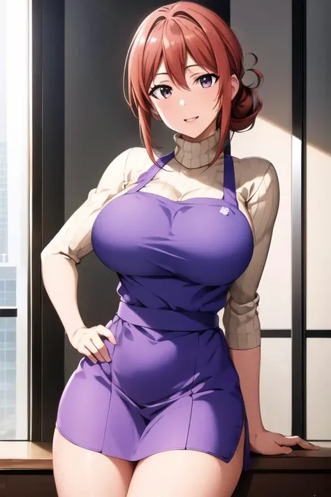 (day:1.7),in summer,in the cyberpunk city,modern apartment, in the BEDroom,
Standing at attention, Sitting on tatami,
ribbed sweater,turtleneck,purple_apron, purple bowtie,pencil skirt, 
 <lora:Mrs_Yuigahama_OreGairu-KK77-V1:0.7>,
hair_between_eyes, hair_bun, brown_hair,brown_eyes,
1 girl, 24yo,mature female,Beautiful Finger,Beautiful long legs,Beautiful body,Beautiful Nose,Beautiful character design, perfect eyes, perfect face,
looking at viewer, in the center of the image,
NSFW,official art,extremely detailed CG unity 8k wallpaper, perfect lighting,Colorful, Bright_Front_face_Lighting,
(masterpiece:1.0),(best_quality:1.0), ultra high res,4K,ultra-detailed,
photography, 8K, HDR, highres, absurdres:1.2, Kodak portra 400, film grain, blurry background, bokeh:1.2, lens flare, (vibrant_color:1.2)
(Beautiful,Large_Breasts:1.6), (beautiful_face:1.5),(narrow_waist),